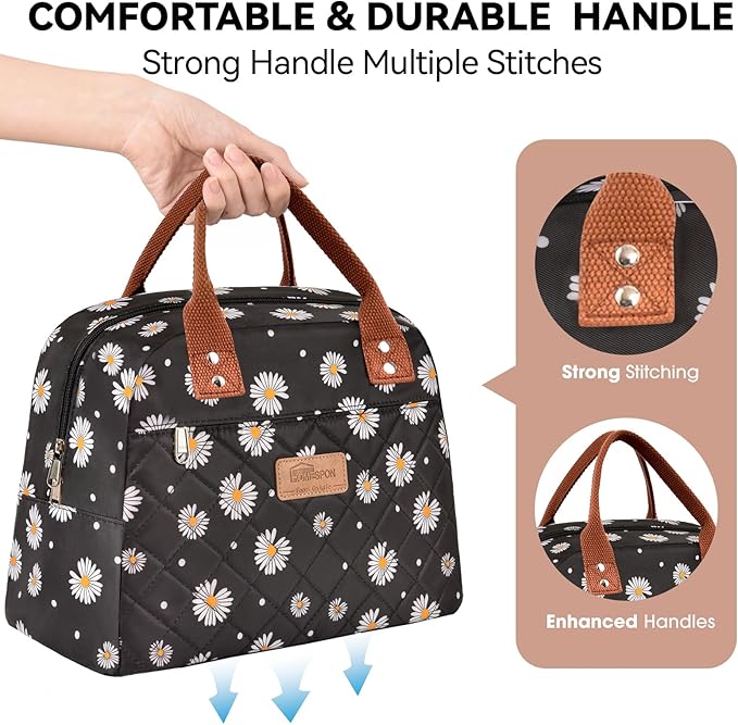 HOMESPON Insulated Lunch Bag for Women Men Adults Lunch Tote with Front Pocket Lunch Box Container Cooler Bag for Work Picnic (Black Daisy)