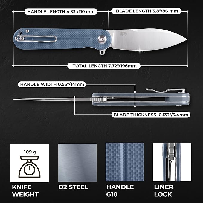 Firebird GANZO FH922-GY-US Pocket Folding Knife D2 Steel Blade G10 Anti-Slip Handle with Clip Camping Hunting Fishing Outdoor EDC Pocket Knife Best Gift for Men Women (Grey)