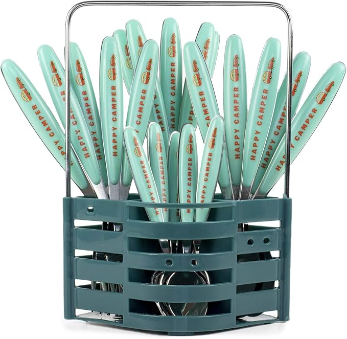 Silverware Flatware Cutlery Set - Stainless Steel 24 Pc Flatware Set With Silverware Caddy Service for 6 | Dishwasher Safe Camping Set Flatware for Travel, Small Spaces and Outdoor Use