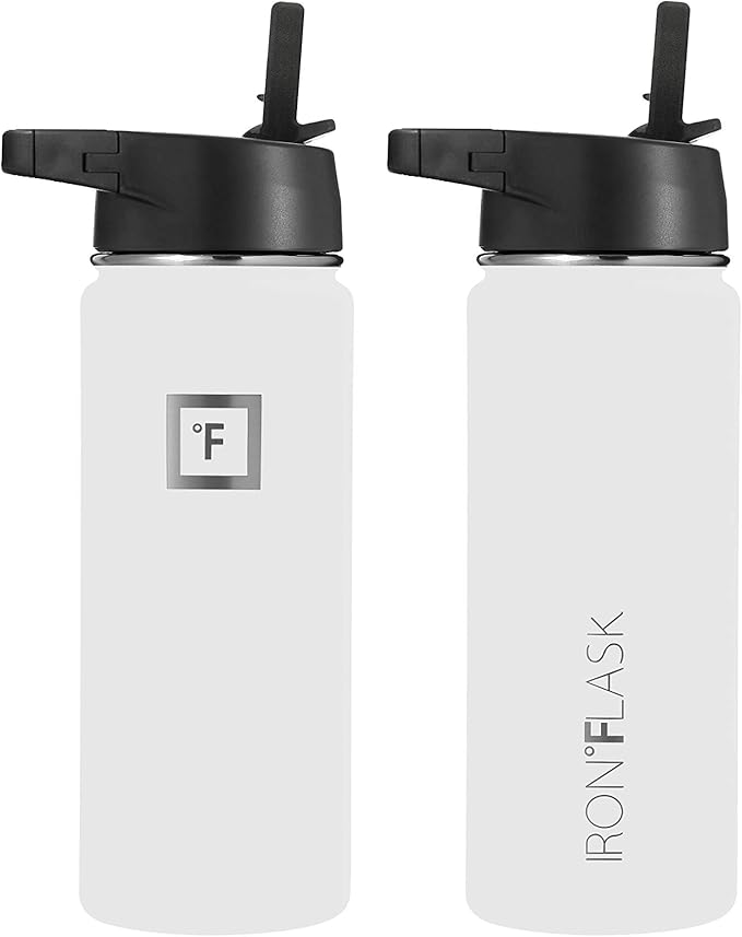 IRON °FLASK Camping & Hiking Hydration Flask, Wide Mouth, 3 Straw Lids, Stainless Steel Outdoor Water Bottle, Double Walled, Insulated Thermos, Metal Canteen - Winter White, 18 Oz