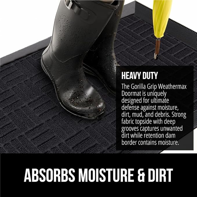 GORILLA GRIP 100% Waterproof All-Season WeatherMax Doormat, 47x35, Durable Natural Rubber, Stain and Fade Resistant, Low Profile, Indoor Outdoor Door Mats, Easy Clean Patio Entrance Mat, Midnight Maze