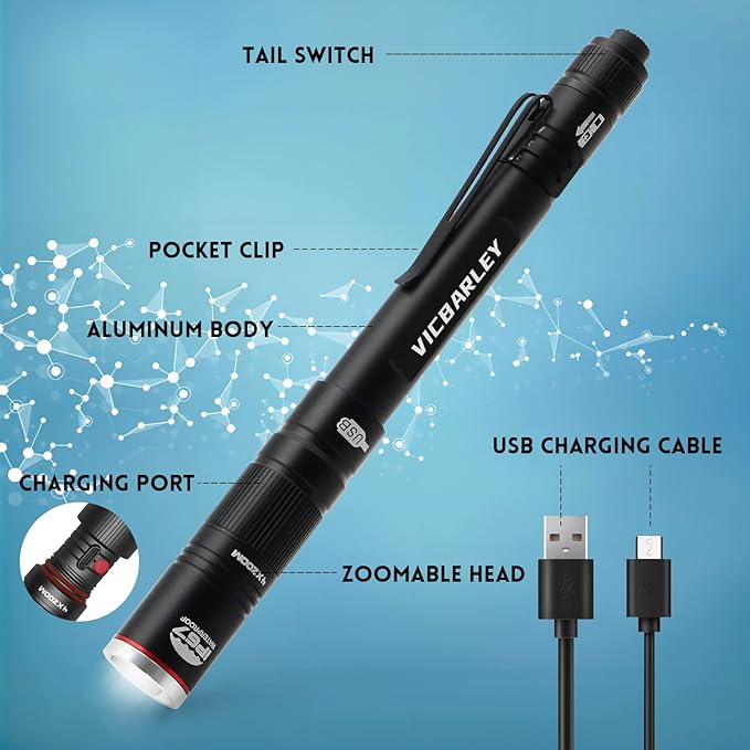 Rechargeable Pen Light, 300 Lumens LED Pocket Rechargeable Flashlight with Clip, Zoomable Waterproof Perfect for Emergency, Inspection, Repair, Camping (3 Lighting Modes)