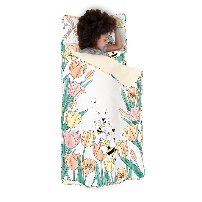 JumpOff Jo - Extra Long Toddler Nap Mat for Preschool, Daycare and Kindergarten - Sleeping Bag for Kids with Removable Pillow and Ultra Soft Blanket - Tulip Fields