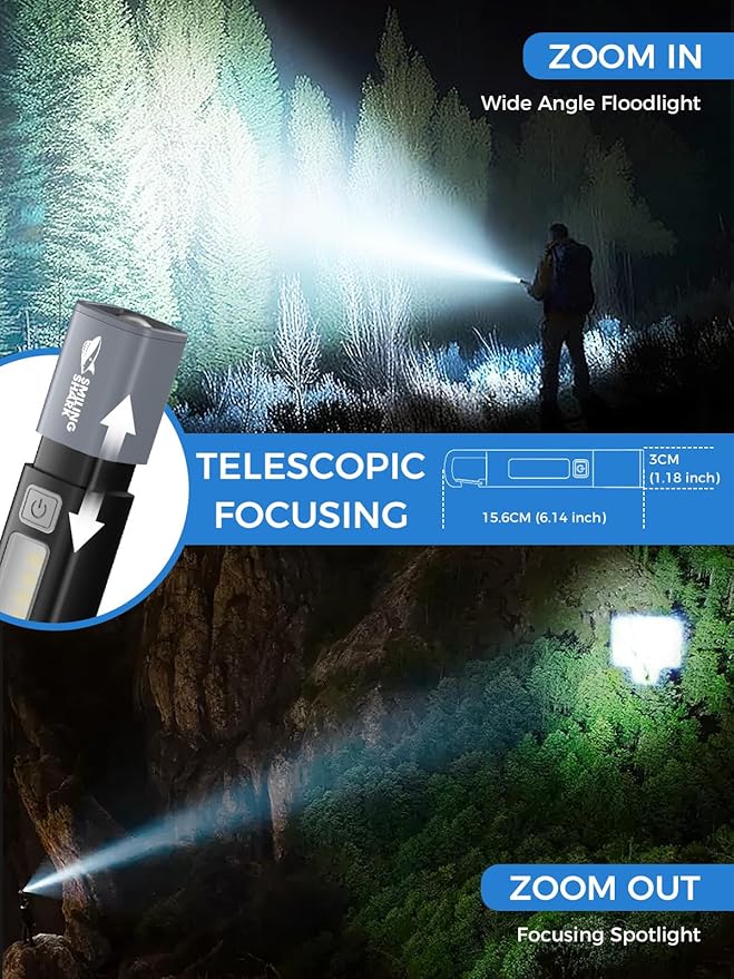 Smiling Shark LED Flashlight, G1 Flash Light Black 3 Modes Zoomable Focus White Sidelight Waterproof Powerful Super Bright EDC Torch Light Outdoor Emergency,Mini-Rechargeable-LED-Flashlight-Camping