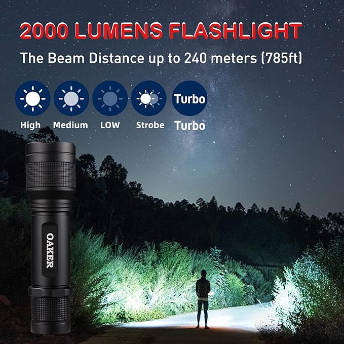 Oaker XF2013 USB-C Rechargeable Flashlight 2000 Lumens,5 Light Modes LED Flashlight, Waterproof Hand Light for Hiking Camping