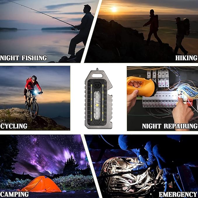 Cob Mini Flashlight Keychain Light, 500 Lumens Bright Rechargeable, Small Multi-Function Work Light, 5 Modes Pocket Light Battery Display Bottle Opener Whistle for Camping