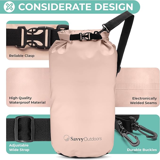Savvy Outdoors Waterproof Dry Bag - Dry Bags for Food & Gear, Stuff Sacks for Backpacking and Camping Equipment, Waterproof Bag for Beach, Boating, Kayaking, Available in 5L, 10L, 20L, or 30L, Blush