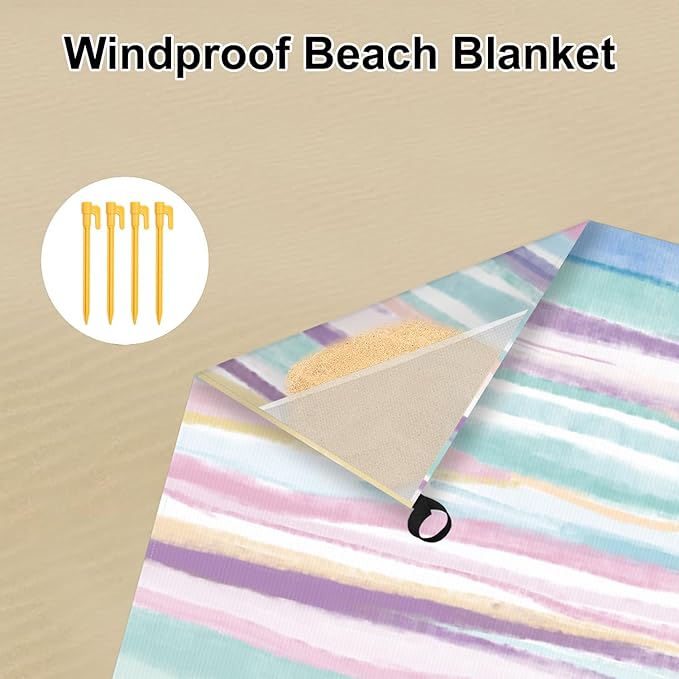 Beach Blanket Sandproof, 78”x 86” Large Beach Mat Sand Free Waterproof with 4 Pocket & Stakes, Lightweight Compact Foldable Beach Essentials for Picnic, Travel, Camping, Outdoor - Watercolor Painting