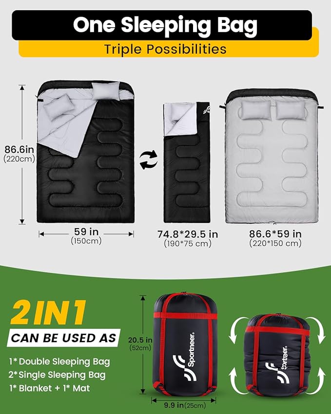Sportneer Double Sleeping Bag for Adults with 2 Pillows, Queen Size Two Person Sleeping Bag for All Season, 2 Person Sleeping Bags for Cold Weather Camping Hiking Backpacking