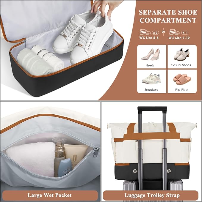 ETRONIK Gym Bag for Women, Personal Item Travel Duffel Bag with Shoes Compartment, Weekender Overnight Bag with Wet Pocket & USB Charging Port, Carry On Bag for Women, Travel (Black White Brown)