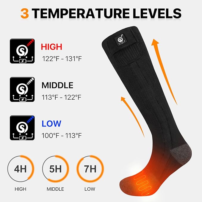 SNOW DEER Heated Socks for Men Women, 7.4V Rechargeable Battery Electric Socks, Heated Ski Socks for Hunting Fishing Camping Hiking Skiing Foot Warmer