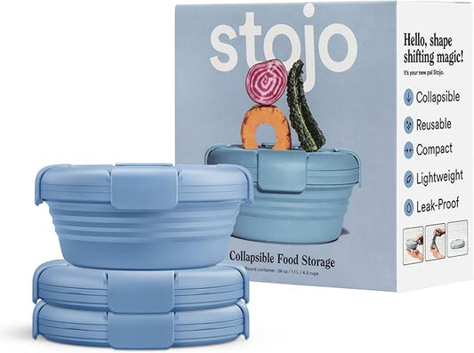STOJO Collapsible Bowl 3 Set - Steel, 36oz - Reusable Silicone Bowl for Hot and Cold Food - Perfect for Travel, Meal Prep, To-Go Lunch, Camping & Hiking - Microwave & Dishwasher Safe