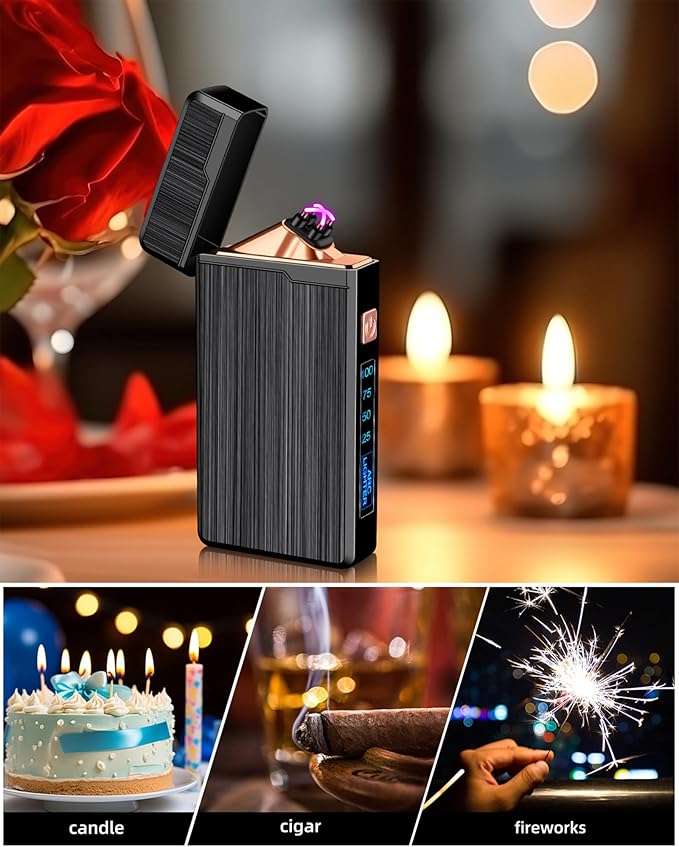 2 Pack Electric Lighter,USB Rechargeable Lighter, Plasma Dual Arc Lighter, Windproof Flameless Lighter, Pocket Metal Lighter with LED Battery Indication for Indoor Outdoor (Black&Black)