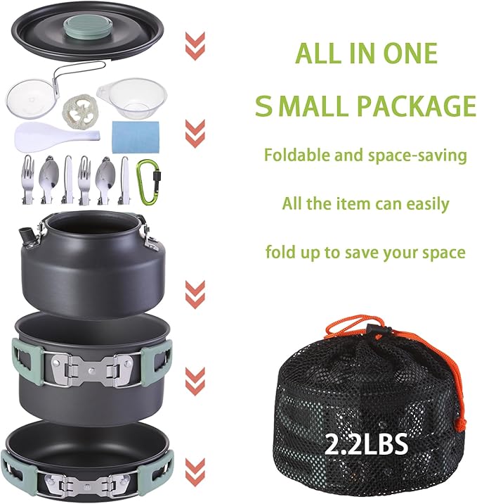Camping Cookware Set with Silicone Handle, Camping Cooking Set for 2-3 Person,Camp Cooking Set with 1.5L Pot,Camping Pot Pan Set with Kettle and Folding Tableware for Camping Hiking Picnic