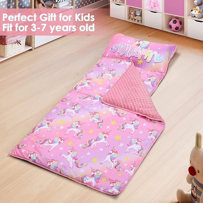 Kids Sleeping Bag Nap Mat with Removable Pillow and Blanket,Extra Thick Large 2 in 1 Slumber Bags for Boys Girls,Toddler Nap Mat for Preschool Daycare Travel Camping