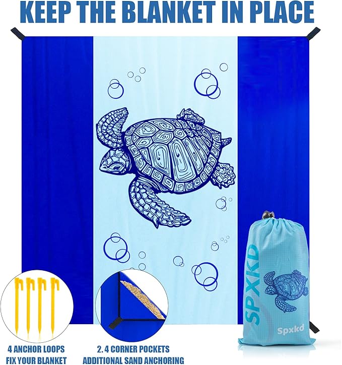 Beach Blanket Waterproof Sandproof Oversized 79" X 83" Soft Durable Light Weight and Portable Beach Mat with Corner Pockets for 4-6 Adults Outdoor Picnic Mat with Pocket for Travel Camping Hiking