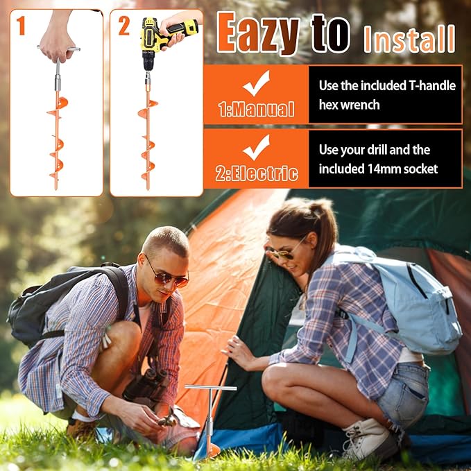 15 Inch Ground Anchors Screw in, 6 Pack Heavy Duty Tent Stakes with T Handle Hex Wrench and Power Nut Driver, Upgraded Metal Trampoline Stake Spiral Anchor Kit for Camping Tent, Swing Set, Canopy