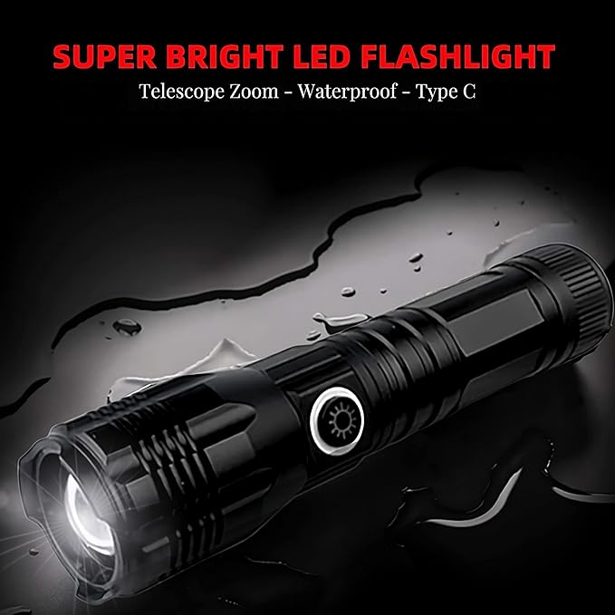 Ultra-Bright 10000 Lumen Rechargeable LED Flashlight - Zoomable, Water-Resistant, and Adjustable Brightness - Versatile Emergency Torch with 4 Modes for Outdoor Activities - Ideal for Camping, Hiking