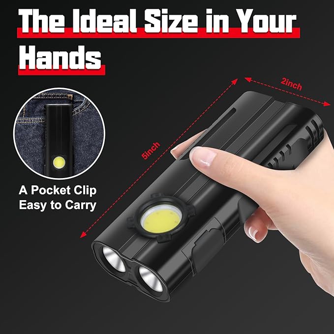 Flashlight Rechargeable High Bright 1000 Lumen with COB Work Light Magnetic Base and Pocket Clip IPX4 Waterproof for Car Repairing Camping Hiking Emergency