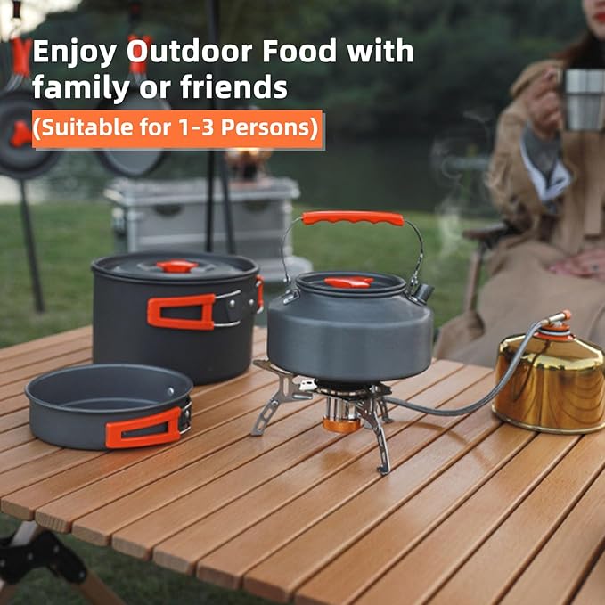 Camping Essentials Cookware Cooking Set, Camping Pots and Pans Set for Backpacking Gear, Car Camping Mess Kit for Camping Stove, Camp Kitchen with Camping Kettle, Pour Over Coffee Dripper