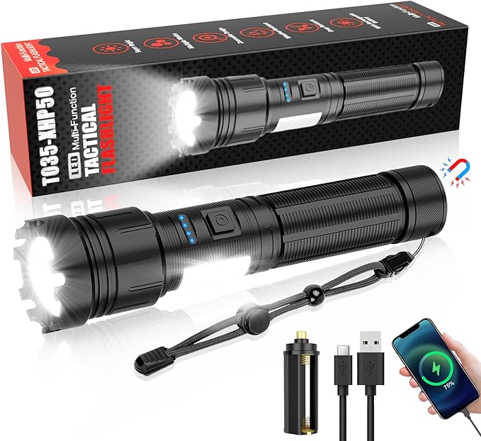 LED Magnetic Flashlight High Lumens Rechargeable, 10000 Lumens Super Bright Small Tactical Flashlights with COB Work Light, Type C, Zoomable, 7 Modes, IPX7 Waterproof Handheld Flashlights for Camping