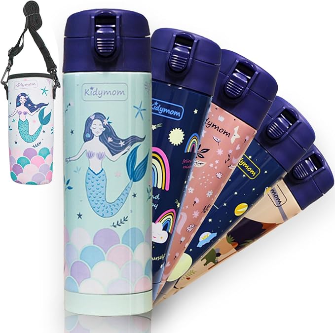 Stainless Steel Water Bottle Kids 12 oz With Carrying Pouch| Insulated Water Bottle For Kid, Toddler, Girls, Boys or Teen | Leakproof, BPA-Free | Little Metal Tumbler for School | Mermaid Girl