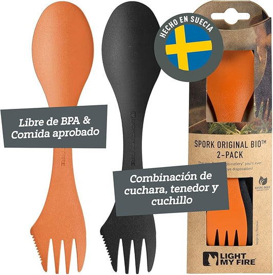 Light My Fire Spork Original 3-in-1 Camping Spoon Fork Knife Combo Reusable Travel & Camping Utensils Lunch Spork Outdoor Backpacking Hiking Picnic Utensil BPA Free, 2-Pack Orange/Black