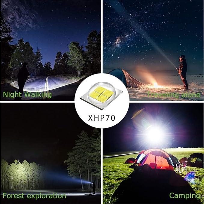 12000 Lumen Flashlight, USB Rechargeable Flashlight XHP70.2, High Powered Handheld LED Flashlight, Super Bright Flash Light, 5 Modes for Emergency, Hiking, with Holster