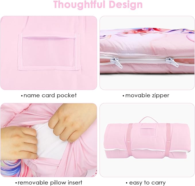 Kids Sleeping Bag Toddler Nap Mat with Removable Pillow, Large Foldable Sleeping Bag for Girls Boys, Easy Clean Slumber Bag with Double Zip for Camping School Preschool Daycare, 59×24 inch