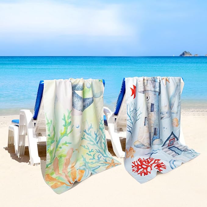 Microfiber Sand Free Beach Towel 72"x36",Extra Large Lightweight Super Absorbent Thin Fast Drying Towels for Swimming Bathing Outdoor Travel Hiking Adults(2 Pack Lighthouse)