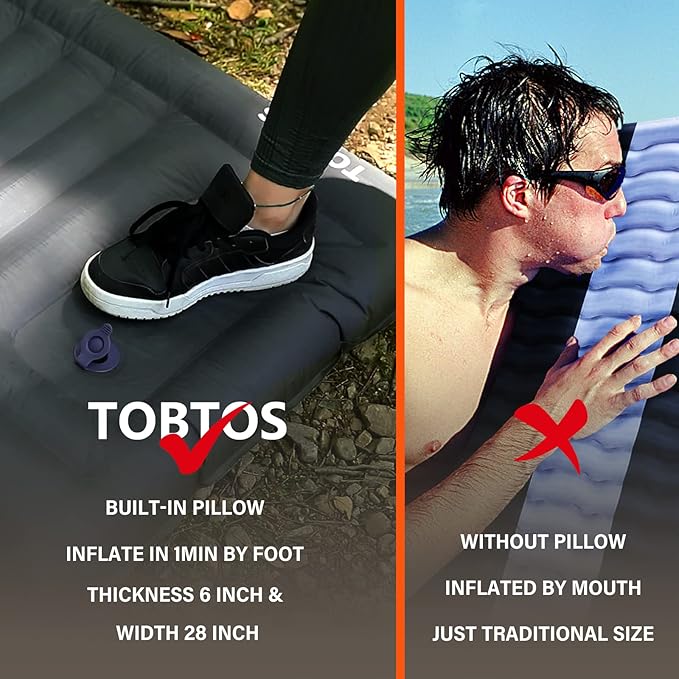 TOBTOS Self Inflating Camping Sleeping Pad with Pillow, Thick 6 Inch Ultralight Sleeping Pad with Built-in Pump, Lightweight Sleeping Mat for Camping, Backpacking, Hiking, Tent (Brown)