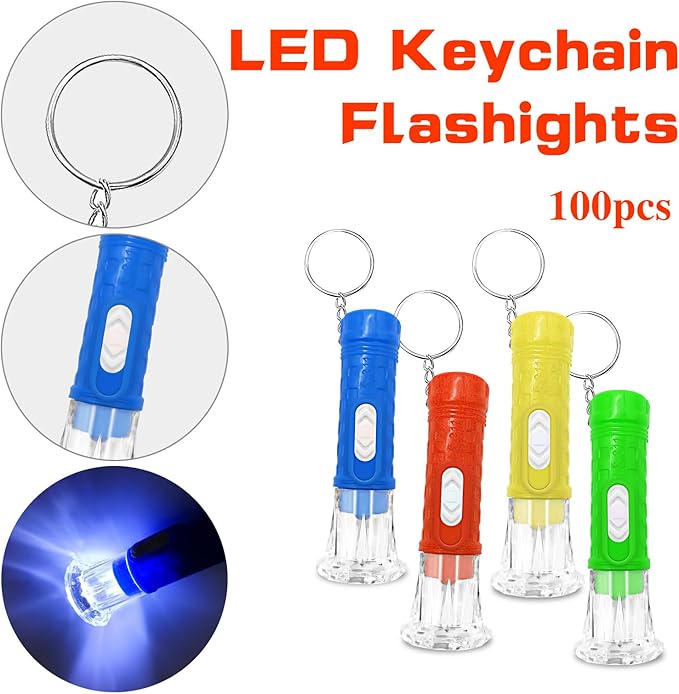 100 Pcs Mini Flashlight Keychains Bulk for Kids Assorted Colors Torch Keyring LED Bright Party Favors, Camping, Travel, Home or Office(4 Colors)