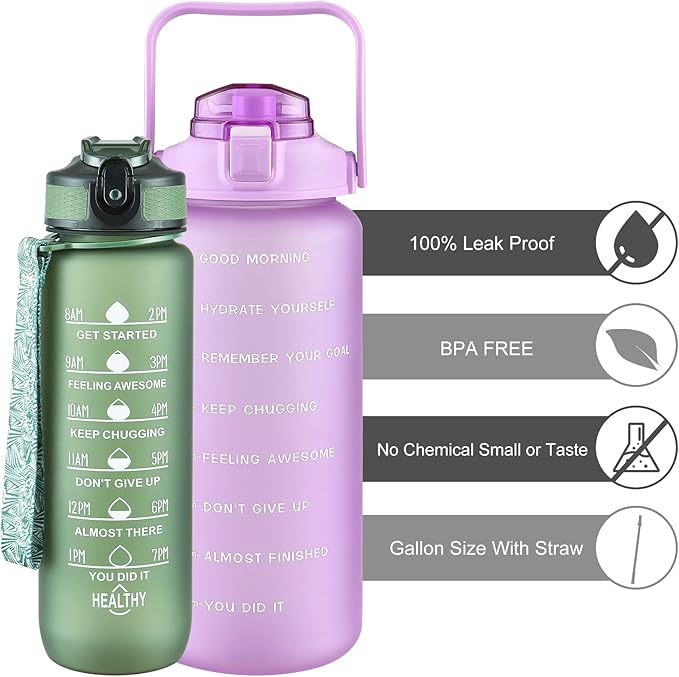 2 Pack Water Bottles 64 Oz + 27 Oz, Sport Water Bottle with Straw & Time Marking,Gym Drinks Bottle, Half Gallon Motivational Water Jug for Women, BPA Free