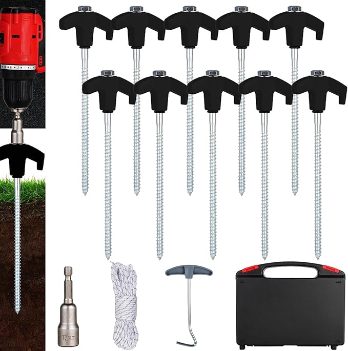 10PCS Screw in Tent Stakes Heavy Duty,8 Inch Screw in Tent Pegs,Metal Camping Stakes,with Hex Head Driver,Nail Lifter,Ropes,Camping Tent Accessories,Black