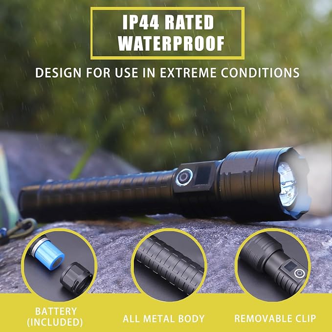 Flashlights High Lumens 12000Lumen Flashlight 5 Modes Power Display IP44 Waterproof, Zoomable High Power Flashlight for Camping Hiking Gift, Flashlights for Emergencies(9.6 * 2)(Battery Free)