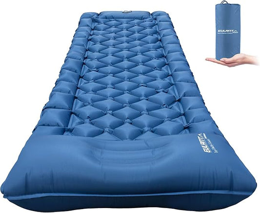 Single Sleeping Pad for Camping, Ultralight Inflatable Sleeping Mat with Pillow and Built-in Foot Pump, Portable Camping Mattress for Tent, Backpacking, Hiking, Traveling(Blue)