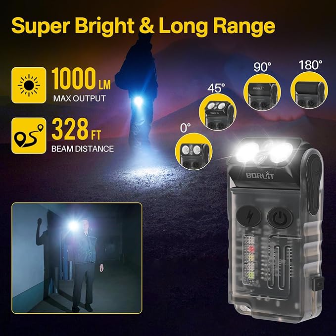 BORUIT V20 LED Small Powerful EDC Flashlight with 365nm UV Light,180°Head Swivels,USB C Rechargeable 1000 LM Mini Pocket Keychain Flash Light with Clip-13 Mode,IP67,Magnetic,110DB Buzzer(Black)
