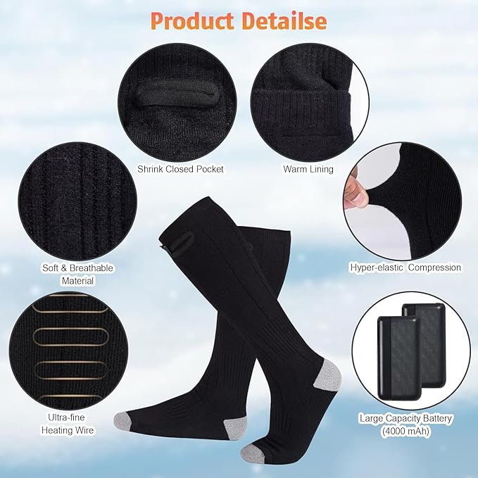 Heated Socks for Men Women with 5V 4000mAh Rechargeable Battery Powered Machine Washable Thermal Heating Socks Electric Foot Warmer Winter Outdoor Skiing Hunting Camping