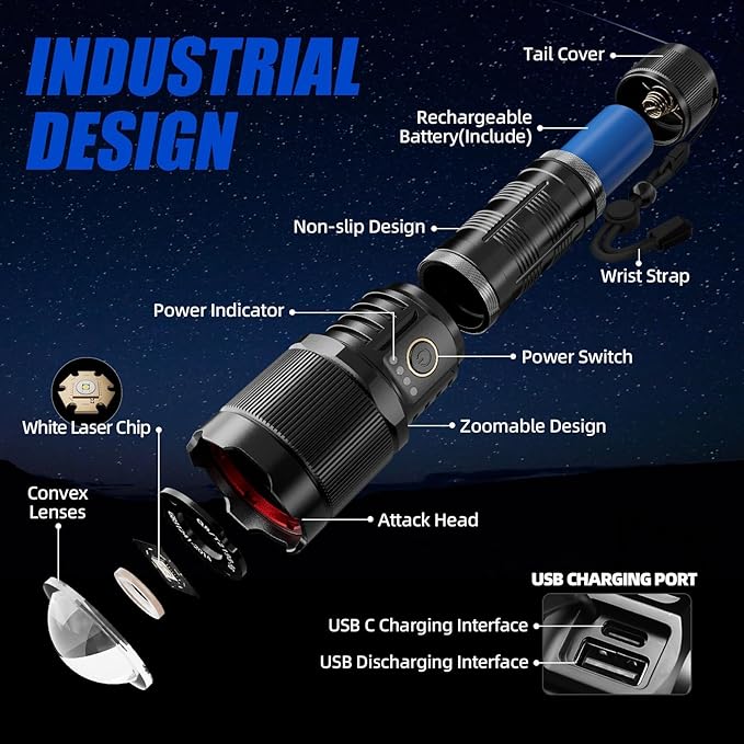 Flashlights High Lumens 900000 LED Rechargeable Tactical Flashlight Zoomable 3 Modes Fast Charging IPX6 Waterproof Super Bright Black Handheld Flashlights for Camping Hiking Outdoor and Gift