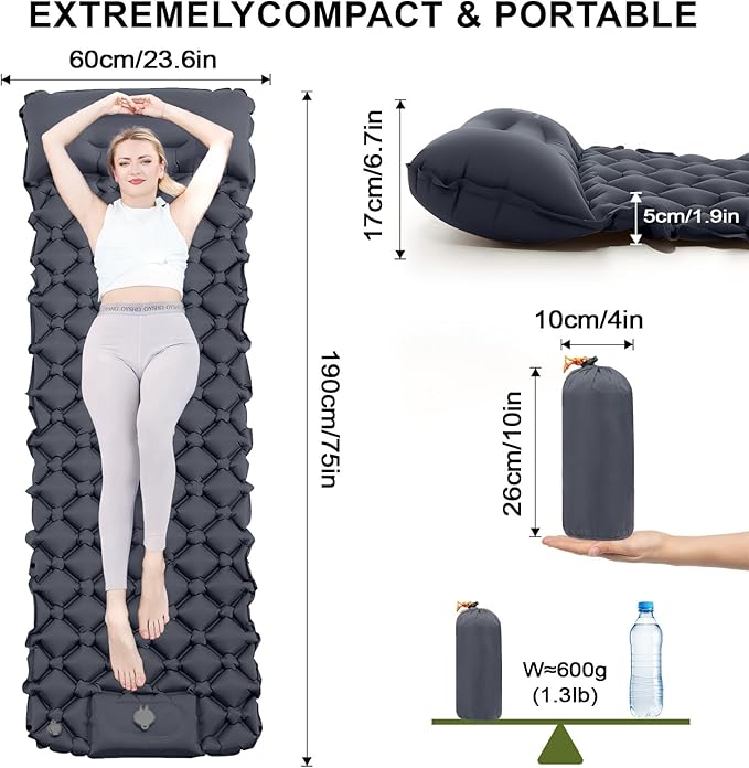 Sleeping Pad for Camping-Ultralight Inflatable Sleeping Pad,Built-in Pumb,Sleeping Mat with Pillow,Camping Mattress for Backpacking,Hiking,Airpad,Carry Bag,Compact&Lightweight Air Mattress