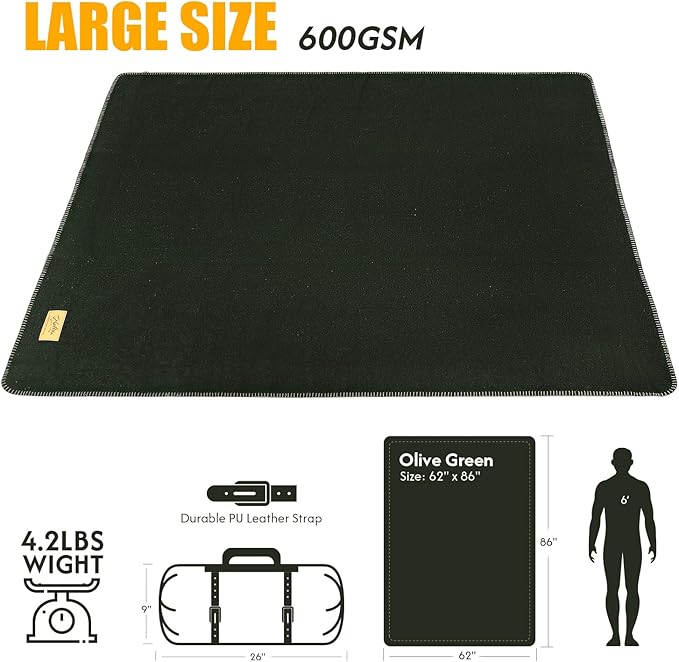 100% Wool Blanket, 62" x 86", Warm, Thick, Washable, Military Wool Blanket, Great for Camping, Outdoors, Sporting Events, Survival Kits
