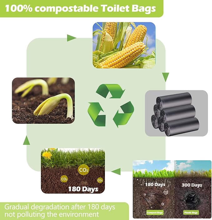 60 portable toilet bags,8 Gallon camping toilet waste bags for 5 gallon bucket,1mil bildegradable porta potty luggable loo bags for adults travel heavy-duty