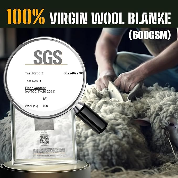 100% Wool Blanket, 62" x 86", Warm, Thick, Washable, Military Wool Blanket, Great for Camping, Outdoors, Sporting Events, Survival Kits,Carbon Black