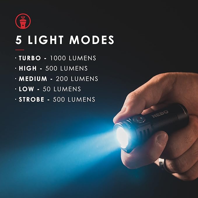 NEBO Torchy 1,000-Lumen Pocket Flashlight, LED Rechargeable Flashlight for EDC & MYCRO USB Rechargeable LED Keychain Light, Tactical Keyring Flashlight Features 6 Light Modes High Lumens –Red