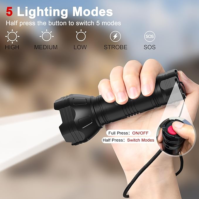 Rechargeable Flashlights, Bright Flashlights High Lumens for Home with 5 Modes, IP68 Waterproof Powerful USB Flashlight, Portable LED Handheld Tactical Flash Light for Camping Hiking Outdoor