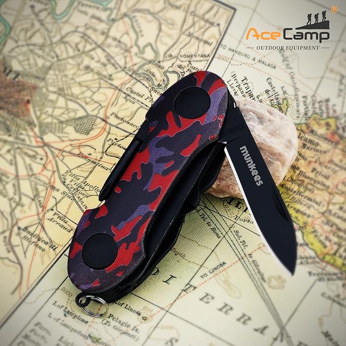 14-in-1 pocket multi-tool, camo stainless steel tool with blade, scissors, corkscrew, serrated, screwdriver, outdoor, fishing, hiking, camping Red