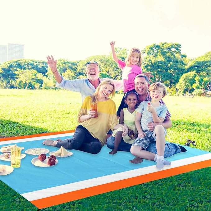 Aitey Sand Free Beach Blanket, Waterproof Beach Mat Compact Outdoor Blanket Ideal for Picnic, Travel, Hiking, Camping and Music Festivals with 4 Stakes, 4 Corner Pockets and Bag - 82"x 79"(Blue)