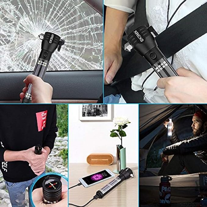 XREXS Solar Powered LED Car Flashlight Multi-Function Solar Escape Rescue Flashlight, USB Charger and Solar Charger, Portable Flashlight for Hiking, Camping, Traveling