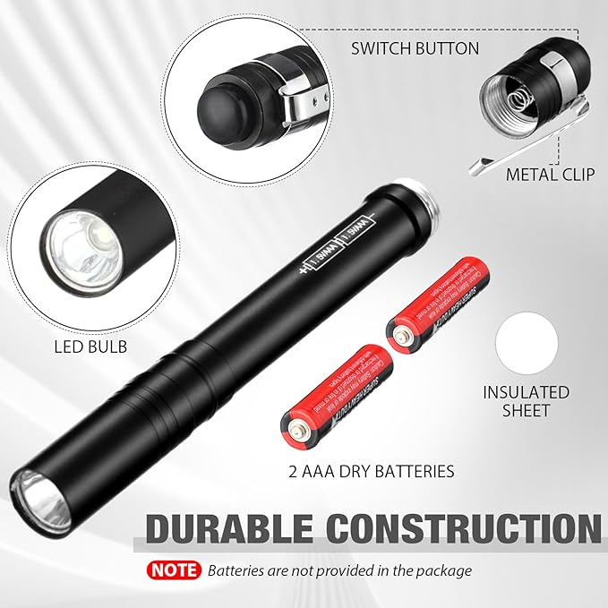 12 Pack LED Penlight Bulk, Pocket Flashlight with Clip, Aluminum Pen Flashlights Mini Pen Light for Nurses Hospital Outdoor Camping Emergency Hiking (Black)