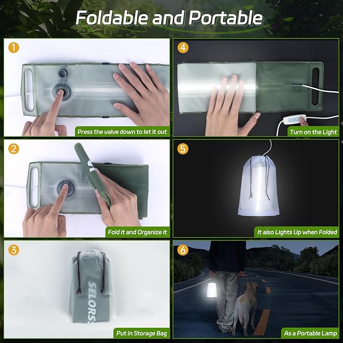 SELORSS Portable Inflatable Folding Outdoor Camping Light, IP66 Waterproof Standard with USB Plug for Camping, Hiking, Traveling and Other Outdoor environments.(Green Two-Piece)